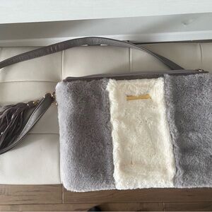 Cecil McBee Gray and Cream Faux Fur Shoulder Bag with Tassel Strap